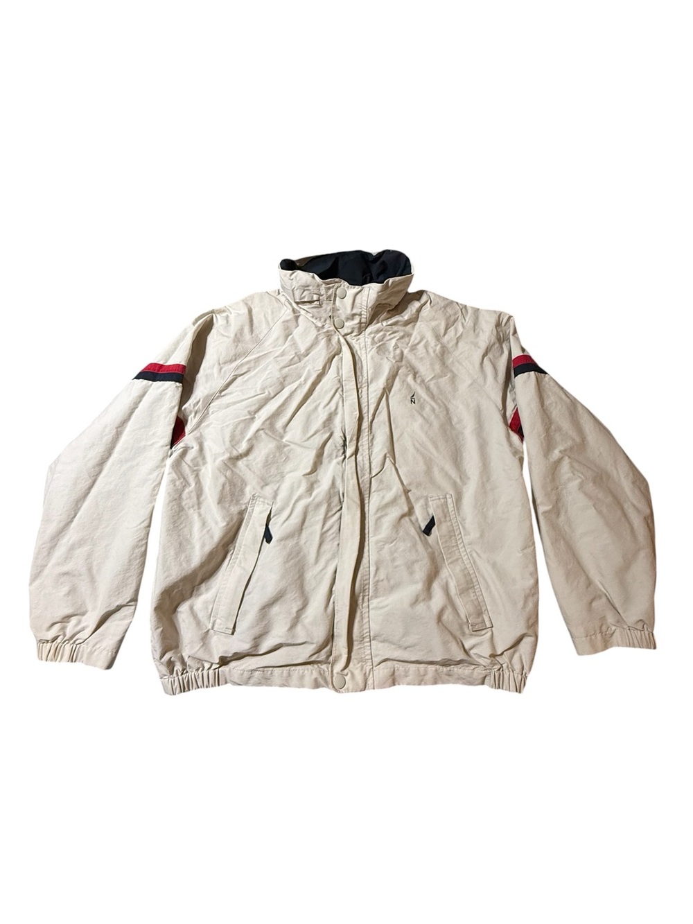 VTG Nautica Windbreaker Jacket XXL Beige Tan Cream Full Zip Hooded Colorblock